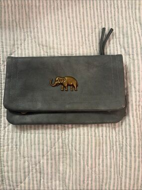 Elephant Gray Leather Crossbody Clutch with Brass Elephant Accent
